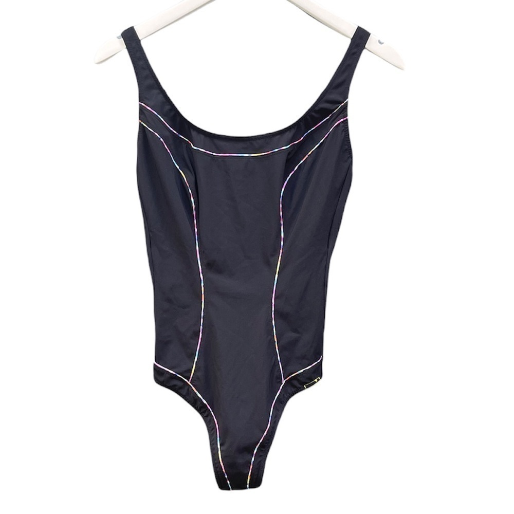 LIDEA Swim Black with Rainbow Piping Slimming One Piece Swimsuit D-Cup Size 10